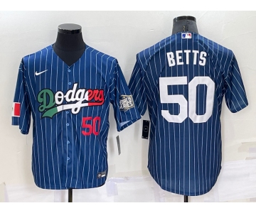 Men's Los Angeles Dodgers #50 Mookie Betts Number Navy Blue Pinstripe 2020 World Series Cool Base Nike Jersey
