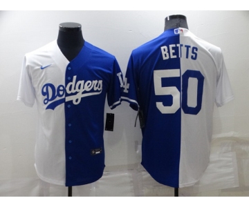 Men's Los Angeles Dodgers #50 Mookie Betts White Blue Split Cool Base Stitched Baseball Jersey