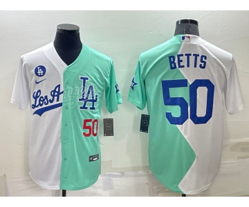Mens Los Angeles Dodgers #50 Mookie Betts White Green Number 2022 Celebrity Softball Game Cool Base Jersey