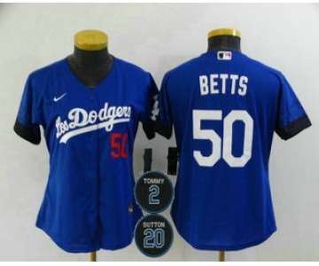Women's Los Angeles Dodgers #50 Mookie Betts Blue #2 #20 Patch City Connect Number Cool Base Stitched Jersey
