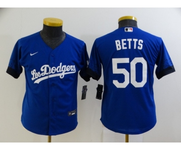 Youth Los Angeles Dodgers #50 Mookie Betts Blue 2021 City Connect Cool Base Stitched Jersey