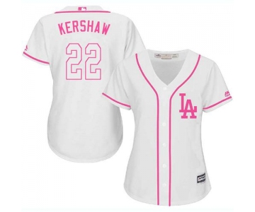 Dodgers #22 Clayton Kershaw White Pink Fashion Women's Stitched Baseball Jersey