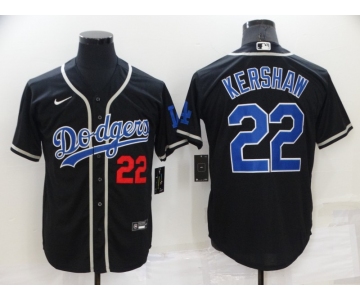Men's Los Angeles Dodgers #22 Clayton Kershaw Black Blue Name Stitched MLB Cool Base Nike Jersey