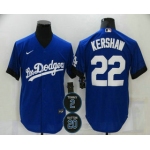 Men's Los Angeles Dodgers #22 Clayton Kershaw Blue #2 #20 Patch City Connect Cool Base Stitched Jersey