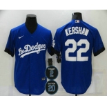 Men's Los Angeles Dodgers #22 Clayton Kershaw Blue #2 #20 Patch City Connect Cool Base Stitched Jersey