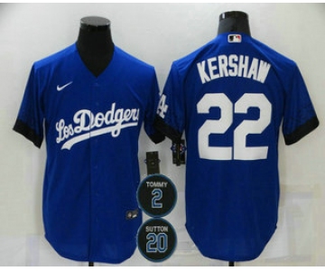 Men's Los Angeles Dodgers #22 Clayton Kershaw Blue #2 #20 Patch City Connect Cool Base Stitched Jersey