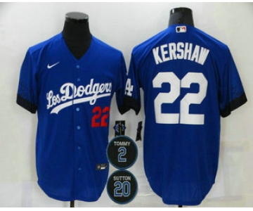 Men's Los Angeles Dodgers #22 Clayton Kershaw Blue #2 #20 Patch City Connect Number Cool Base Stitched Jersey