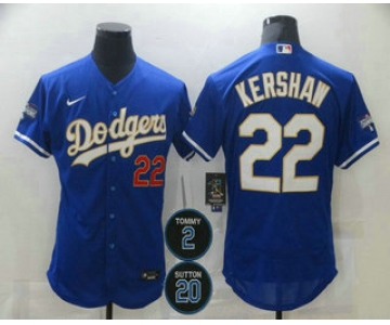Men's Los Angeles Dodgers #22 Clayton Kershaw Blue Gold #2 #20 Patch Stitched MLB Flex Base Nike Jersey