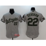 Men's Los Angeles Dodgers #22 Clayton Kershaw Gray with Green Memorial Day Stitched MLB Majestic Flex Base Jersey