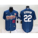 Mens Los Angeles Dodgers #22 Clayton Kershaw Number Rainbow Blue Red Pinstripe Mexico Cool Base Nike Jersey