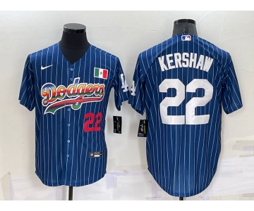 Men's Los Angeles Dodgers #22 Clayton Kershaw Number Rainbow Blue Red Pinstripe Mexico Cool Base Nike Jersey