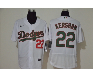 Men's Los Angeles Dodgers #22 Clayton Kershaw White With Green Name Stitched MLB Flex Base Nike Jersey