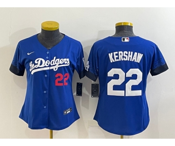 Women's Los Angeles Dodgers #22 Clayton Kershaw Blue 2021 City Connect Number Cool Base Stitched Jersey