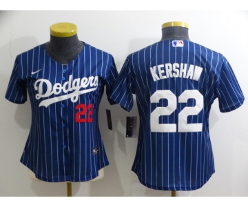 Women's Los Angeles Dodgers #22 Clayton Kershaw Navy Blue Pinstripe Stitched MLB Cool Base Nike Jersey