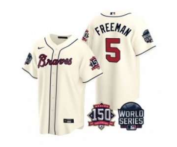 Men Atlanta Braves 5 Freddie Freeman 2021 Cream World Series With 150th Anniversary Patch Cool Base Stitched Jersey