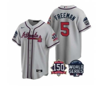 Men Atlanta Braves 5 Freddie Freeman 2021 Gray World Series With 150th Anniversary Patch Cool Base Stitched Jersey