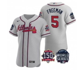 Men Atlanta Braves 5 Freddie Freeman 2021 Grey World Series With 150th Anniversary Patch Stitched Baseball Jersey