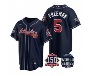 Men Atlanta Braves 5 Freddie Freeman 2021 Navy World Series With 150th Anniversary Patch Cool Base Stitched Jersey