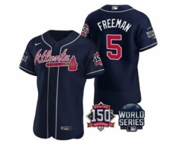 Men Atlanta Braves 5 Freddie Freeman 2021 Navy World Series With 150th Anniversary Patch Stitched Baseball Jersey