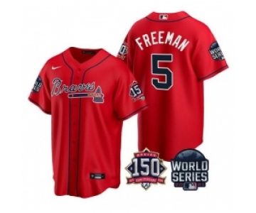 Men Atlanta Braves 5 Freddie Freeman 2021 Red World Series With 150th Anniversary Patch Cool Base Stitched Jersey
