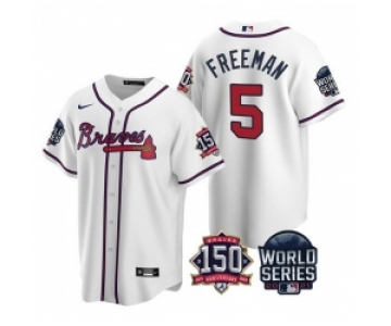 Men Atlanta Braves 5 Freddie Freeman 2021 White World Series With 150th Anniversary Patch Cool Base Stitched Jersey