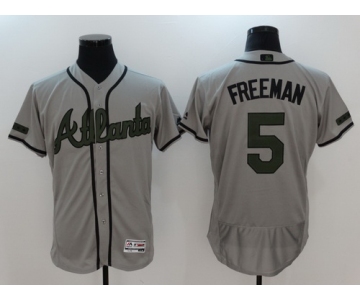 Men's Atlanta Braves #5 Freddie Freeman Gray With Green Memorial Day Stitched MLB Majestic Flex Base Jersey
