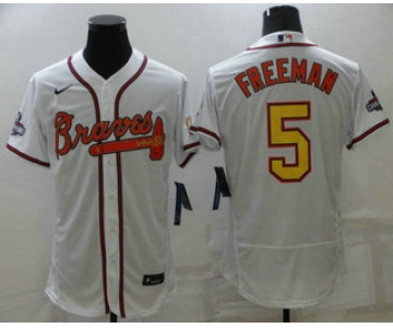 Men's Atlanta Braves #5 Freddie Freeman White Gold 2021 World Series Champions Stitched MLB Flex Base Jersey