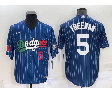 Men's Los Angeles Dodgers #5 Freddie Freeman Number Navy Blue Pinstripe 2020 World Series Cool Base Nike Jersey