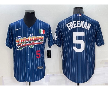 Men's Los Angeles Dodgers #5 Freddie Freeman Number Rainbow Blue Red Pinstripe Mexico Cool Base Nike Jersey