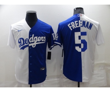 Men's Los Angeles Dodgers #5 Freddie Freeman White Blue Split Cool Base Stitched Baseball Jersey