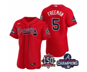 Men's Red Atlanta Braves #5 Freddie Freeman 2021 World Series Champions With 150th Anniversary Flex Base Stitched Jersey
