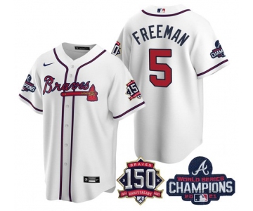 Men's White Atlanta Braves #5 Freddie Freeman 2021 World Series Champions With 150th Anniversary Patch Cool Base Stitched Jersey