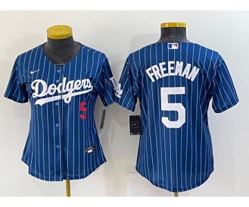 Women's Los Angeles Dodgers #5 Freddie Freeman Number Navy Blue Pinstripe Stitched MLB Cool Base Nike Jersey