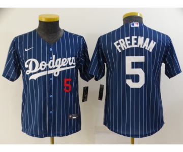 Youth Los Angeles Dodgers #5 Freddie Freeman Navy Blue Pinstripe Stitched MLB Cool Base Nike Jersey