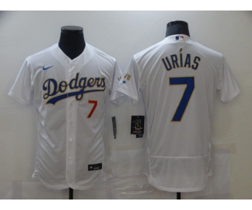 Men Los Angeles Dodgers 7 Urias Champion of white gold and blue characters Elite 2021 Nike MLB Jersey