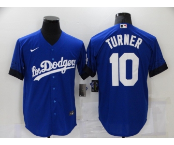 Men's Los Angeles Dodgers #10 Justin Turner Blue 2021 City Connect Cool Base Stitched Jersey