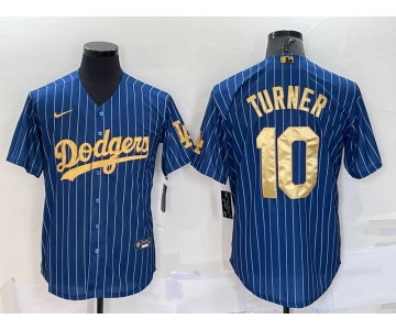 Men's Los Angeles Dodgers #10 Justin Turner Navy Blue Gold Pinstripe Stitched MLB Cool Base Nike Jersey