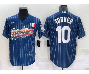 Men's Los Angeles Dodgers #10 Justin Turner Rainbow Blue Red Pinstripe Mexico Cool Base Nike Jersey