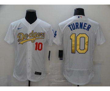 Men's Los Angeles Dodgers #10 Justin Turner White Gold Sttiched Nike MLB Flex Base Jersey