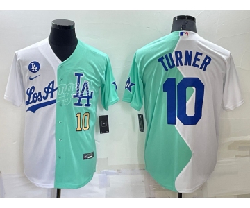Mens Los Angeles Dodgers #10 Justin Turner White Green Number 2022 Celebrity Softball Game Cool Base Jersey