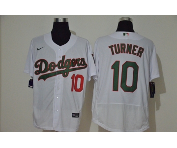 Men's Los Angeles Dodgers #10 Justin Turner White With Green Name Stitched MLB Flex Base Nike Jersey