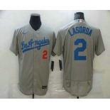 Men's Los Angeles Dodgers #2 Tommy Lasorda Grey Stitched MLB Flex Base Nike Jersey
