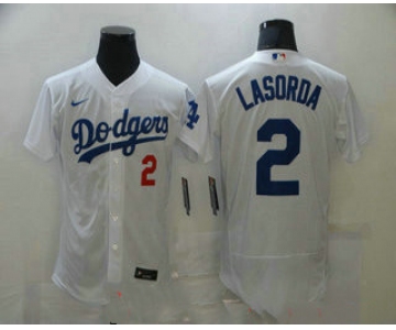 Men's Los Angeles Dodgers #2 Tommy Lasorda White Stitched MLB Flex Base Nike Jersey
