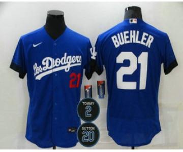 Men's Los Angeles Dodgers #21 Walker Buehler Blue #2 #20 Patch City Connect Flex Base Stitched Jersey