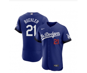 Men's Los Angeles Dodgers #21 Walker Buehler Blue 2021 City Connect Flex Base Stitched Jersey