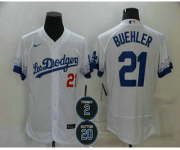 Men's Los Angeles Dodgers #21 Walker Buehler White #2 #20 Patch City Connect Flex Base Stitched Jersey