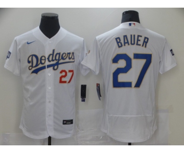 Men's Los Angeles Dodgers #27 Trevor Bauer White Gold Champions Patch Stitched MLB Flex Base Nike Jersey