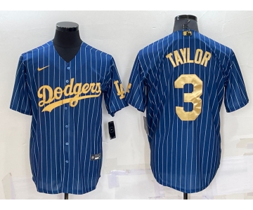 Men's Los Angeles Dodgers #3 Chris Taylor Navy Blue Gold Pinstripe Stitched MLB Cool Base Nike Jersey