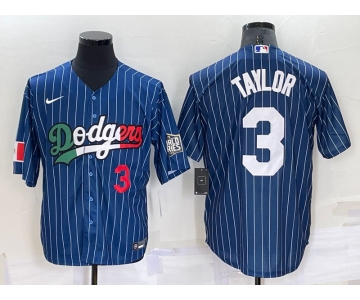 Men's Los Angeles Dodgers #3 Chris Taylor Number Navy Blue Pinstripe 2020 World Series Cool Base Nike Jersey