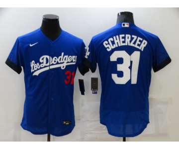 Men's Los Angeles Dodgers #31 Max Scherzer Blue 2021 City Connect Flex Base Stitched Jersey